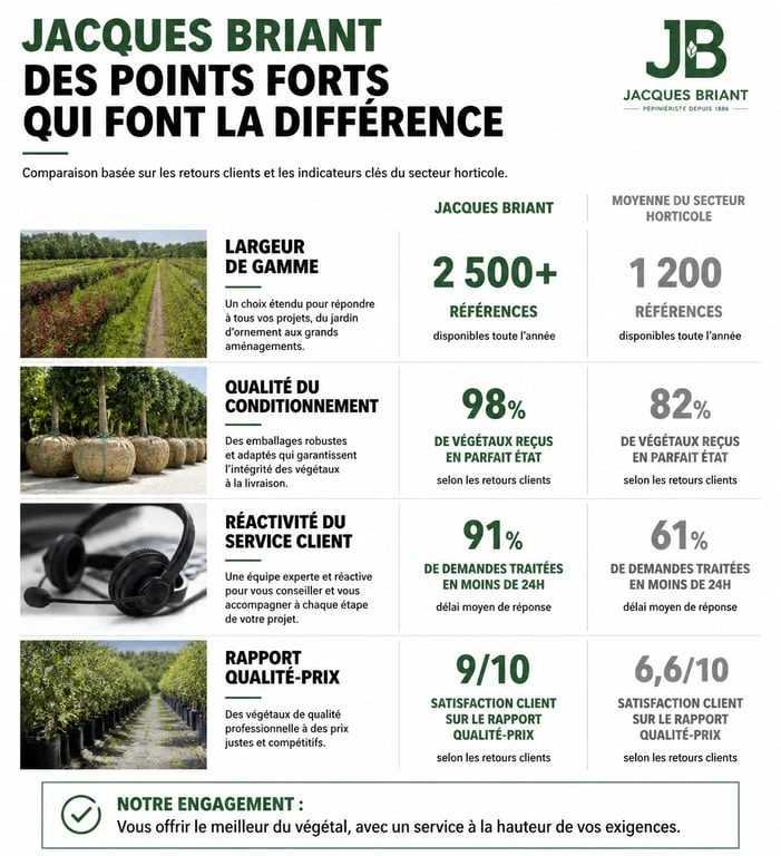 Infographie comparative des avis et prestations de la jardinerie en ligne Jacques Briant