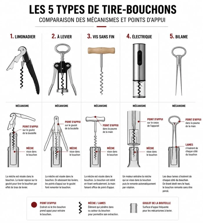 Comparatif visuel des différents types de tire-bouchons et leurs mécanismes d'ouverture