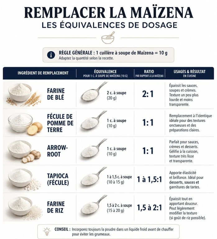 Tableau comparatif des équivalences pour remplacer la Maïzena dans vos recettes