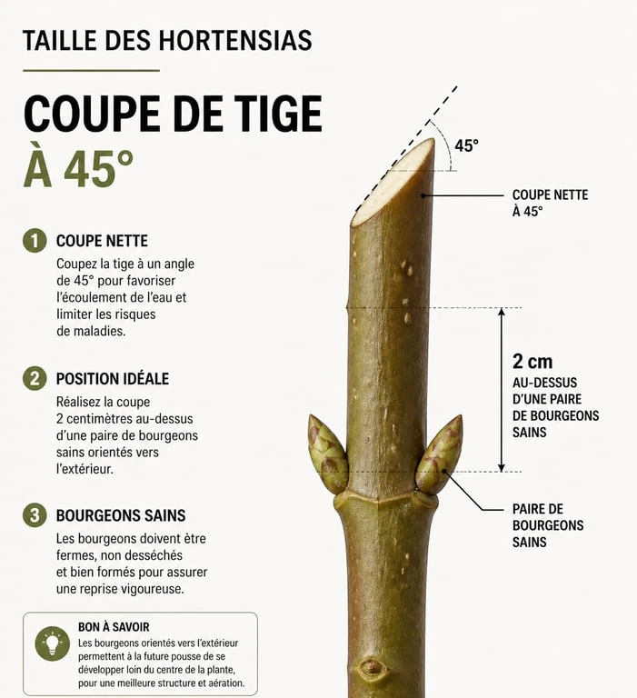 Schéma explicatif du geste technique pour quand couper hortensia avec une coupe en biais au-dessus du bourgeon