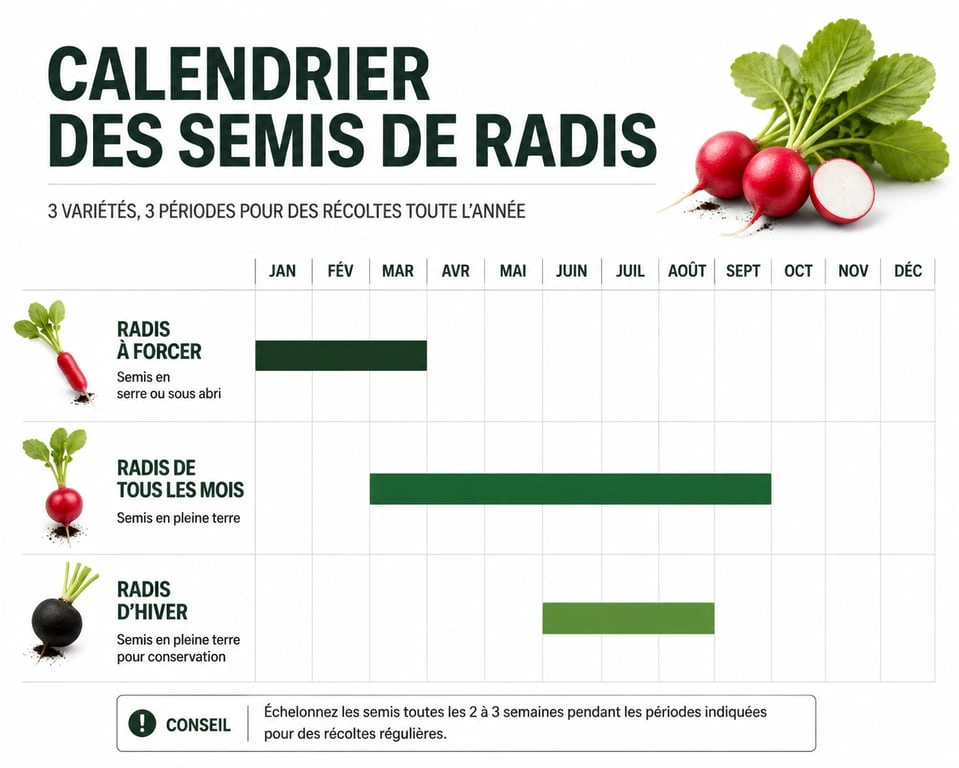 Calendrier de semis des radis : périodes idéales pour semer les radis de printemps, d'été et d'hiver au potager.