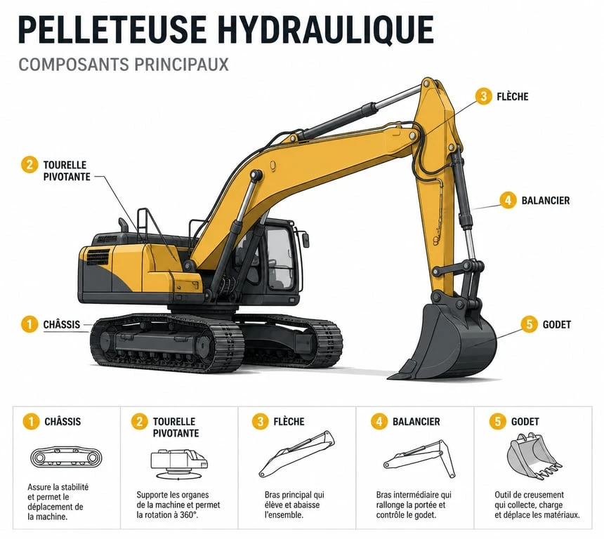 Schéma technique des composants d'une pelleteuse hydraulique