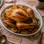 Meilleur recette de dinde au four dorée sur table avec légumes