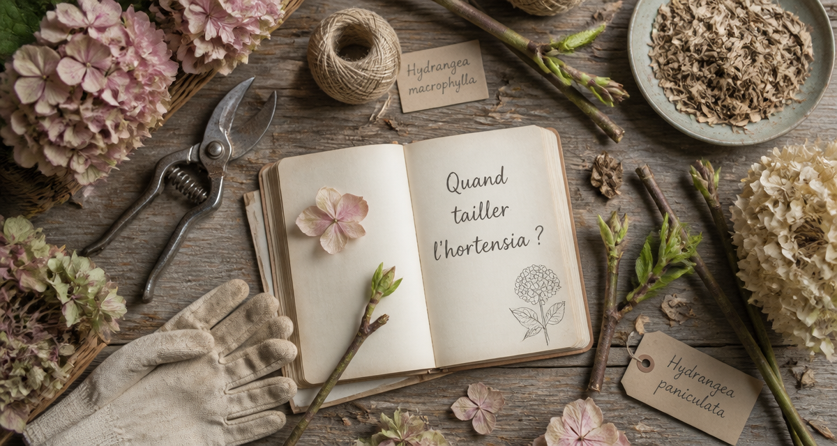 quand couper hortensia outils et bourgeons sur table