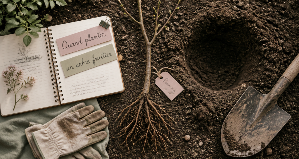 quand planter un arbre fruitier, jeune arbre racines nues, outils de jardinage