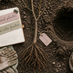 quand planter un arbre fruitier, jeune arbre racines nues, outils de jardinage