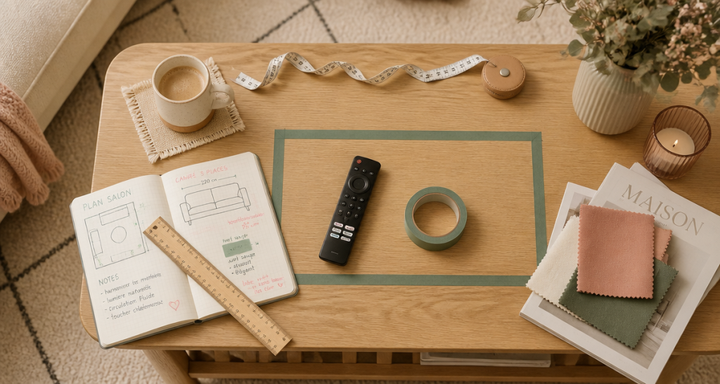 quelle distance entre tv et canapé, schéma et outils sur table basse
