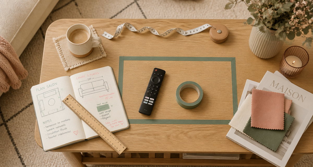 quelle distance entre tv et canapé, schéma et outils sur table basse
