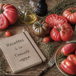 recette avec tomates sur table rustique, variétés et ingrédients