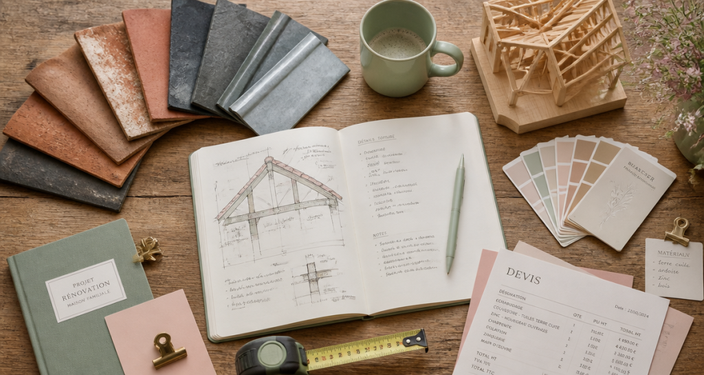 Toiture à refaire, échantillons et devis sur table