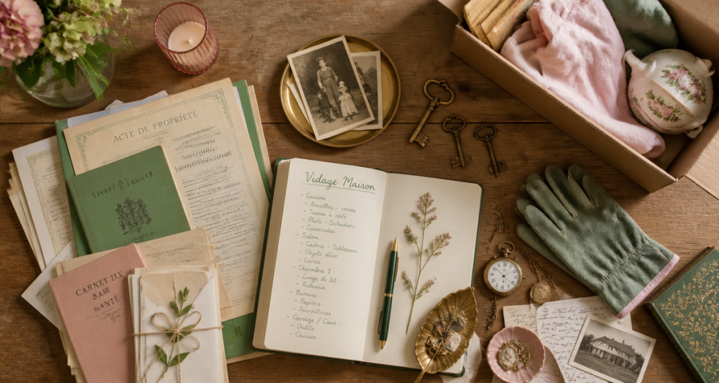 Vidage maison, table avec objets triés et carnet