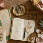 Vidage maison, table avec objets triés et carnet
