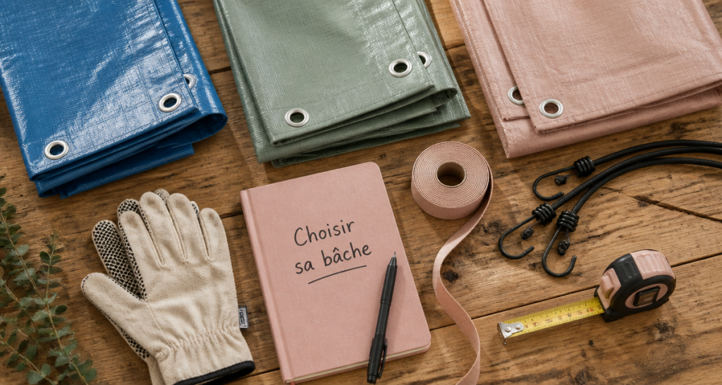 atelier avec différentes bâches et accessoires pour choisir une bâche