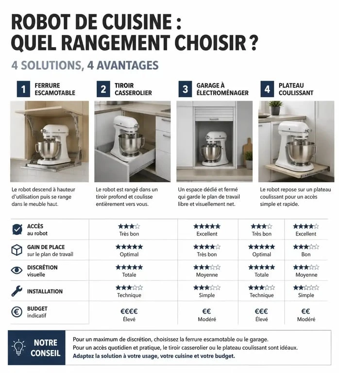 Infographie comparative des astuces de rangement pour robot de cuisine : ferrure, tiroir, garage et plateau.
