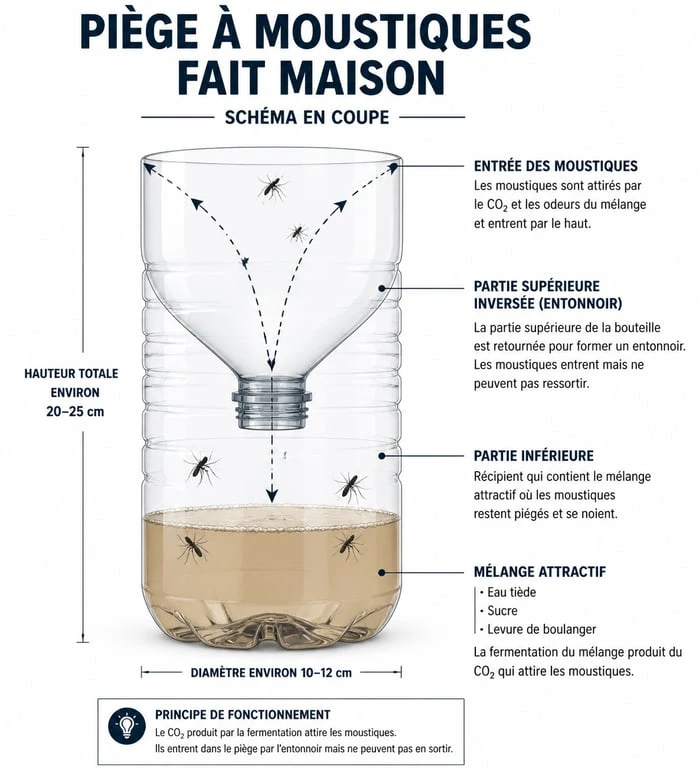 Schéma explicatif pour fabriquer un piège à moustiques maison avec une bouteille en plastique