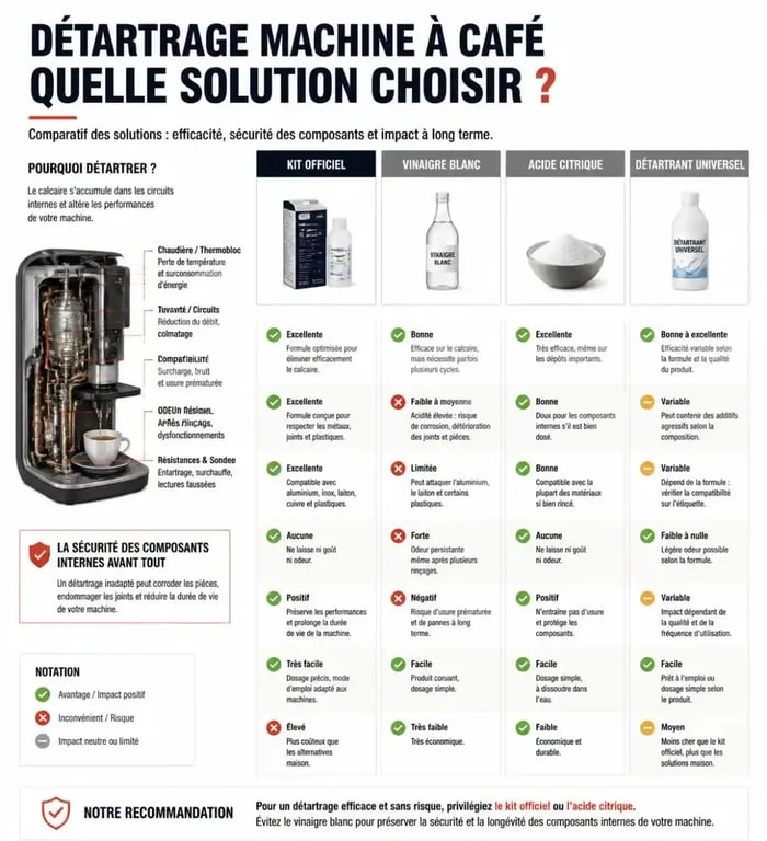 Comparatif des produits pour détartrer une Nespresso : kit officiel, vinaigre blanc et acide citrique