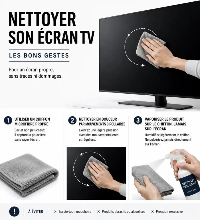 Guide visuel des bons gestes pour nettoyer un écran TV sans l'endommager