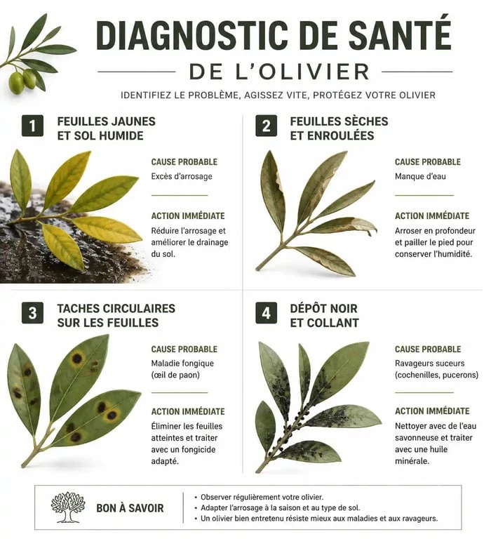 Infographie de diagnostic pour un olivier qui perd ses feuilles : causes et solutions