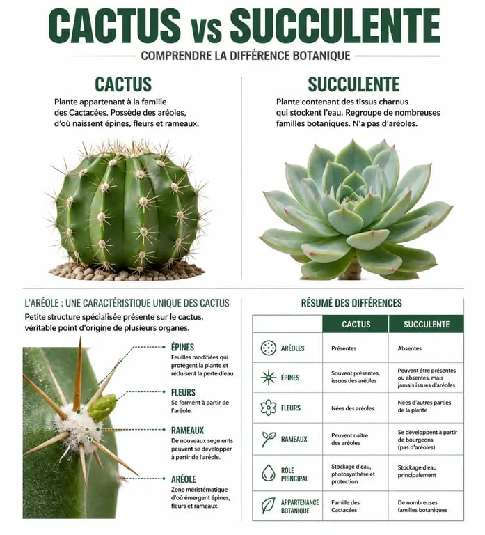 Infographie comparative : différence botanique entre un cactus et une plante succulente, mise en évidence de l'aréole