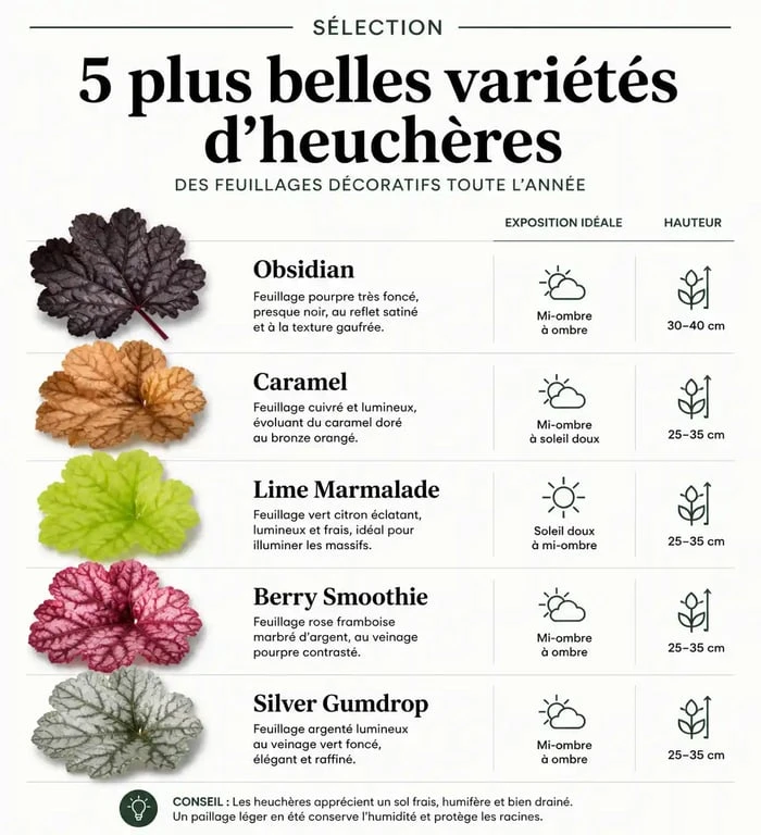 Infographie comparative des plus belles heuchères pour le jardin
