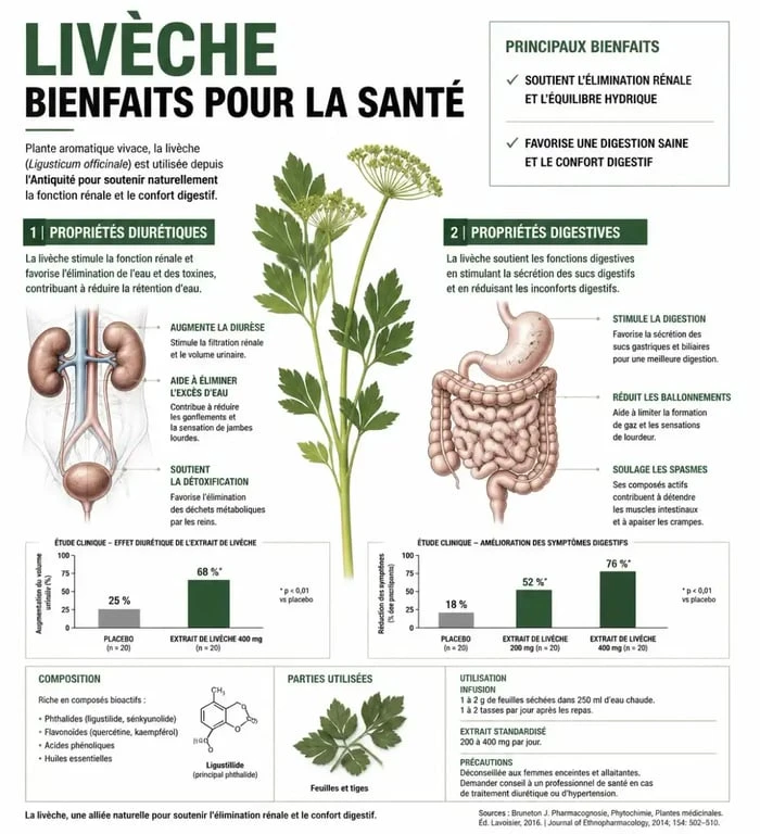 Infographie sur les bienfaits santé et propriétés médicinales de la plante livèche