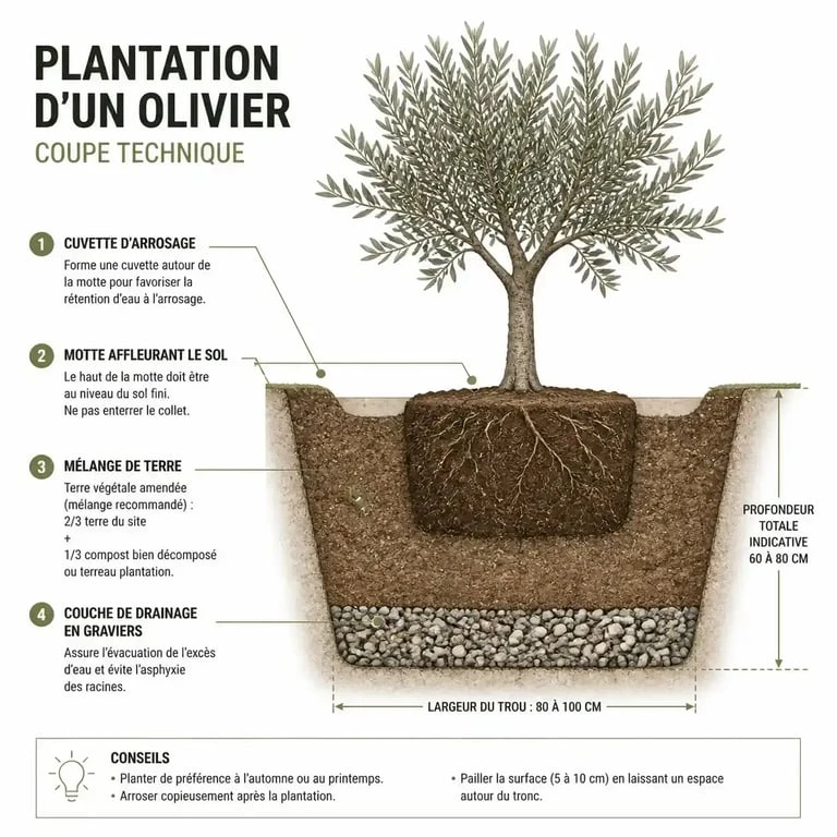 Schéma technique des étapes pour planter un olivier en pleine terre