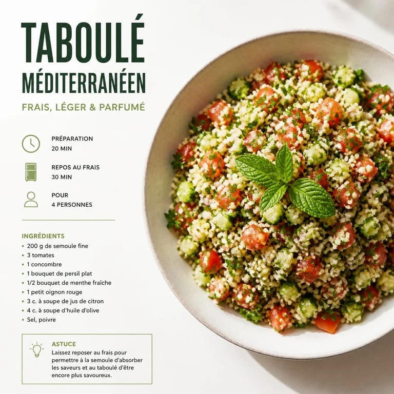 Recette taboulé méditerranéen frais et coloré dans une assiette