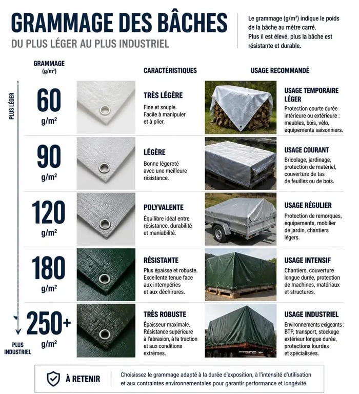 Tableau récapitulatif des grammages de bâches pour choisir la protection adaptée à vos besoins