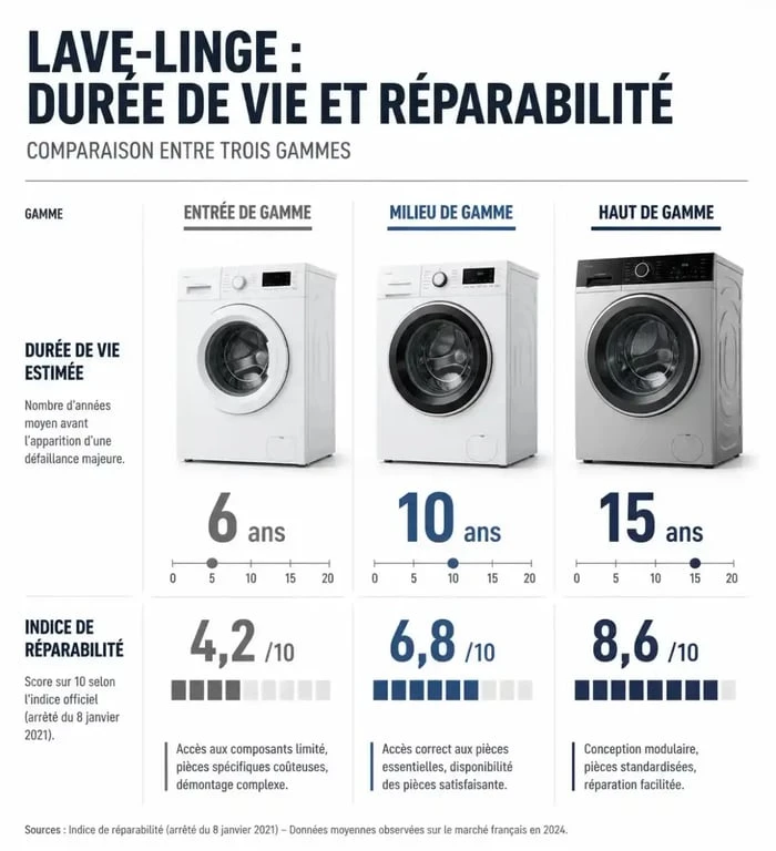 Infographie comparative de la durée de vie et de l'indice de réparabilité selon la gamme de machine à laver
