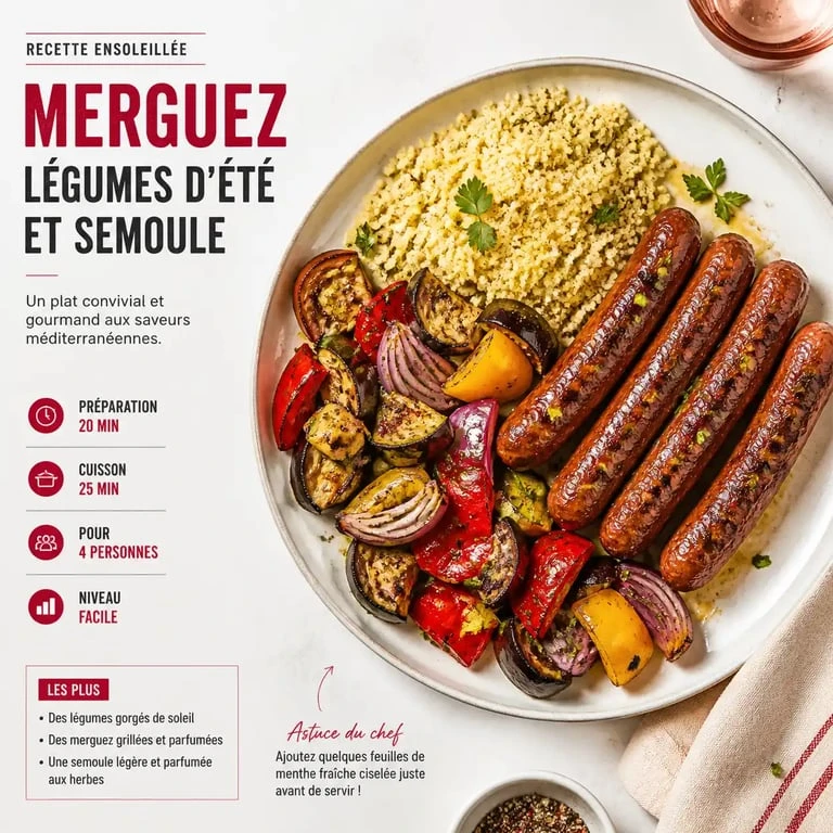 Plat de merguez grillées accompagnées de légumes d'été et de semoule pour un repas convivial