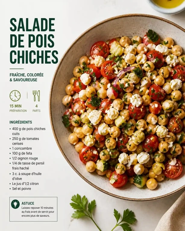 Recette de pois chiche en salade méditerranéenne servie dans un bol