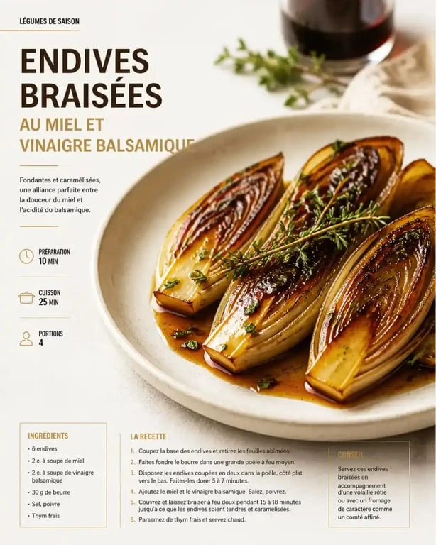 Endives braisées au miel et balsamique cuites au air fryer, prêtes à être dégustées.
