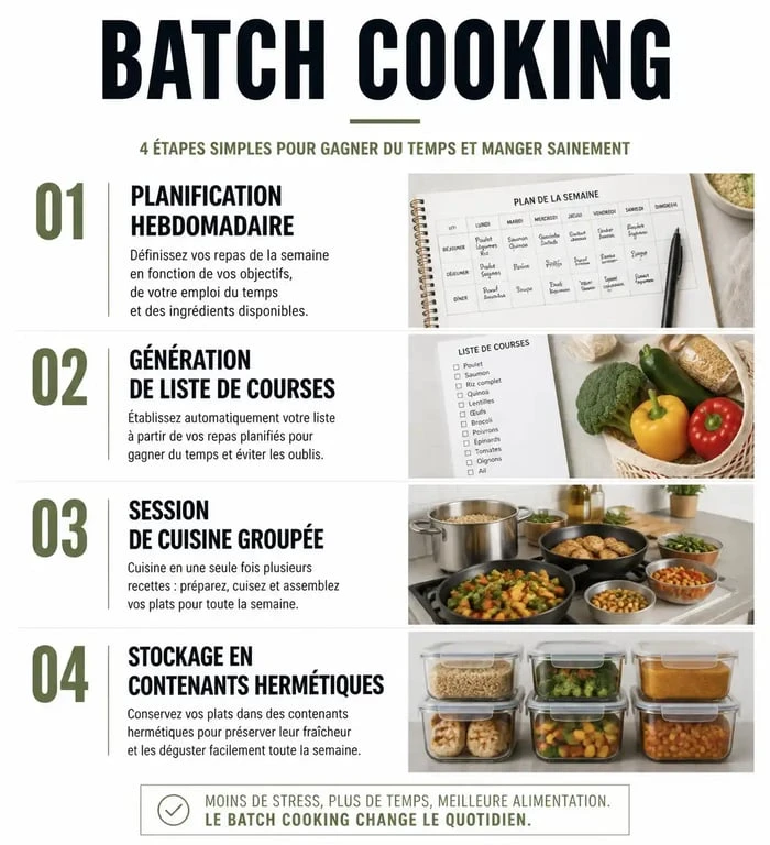 Infographie des étapes du batch cooking avec une application gratuite pour organiser ses repas