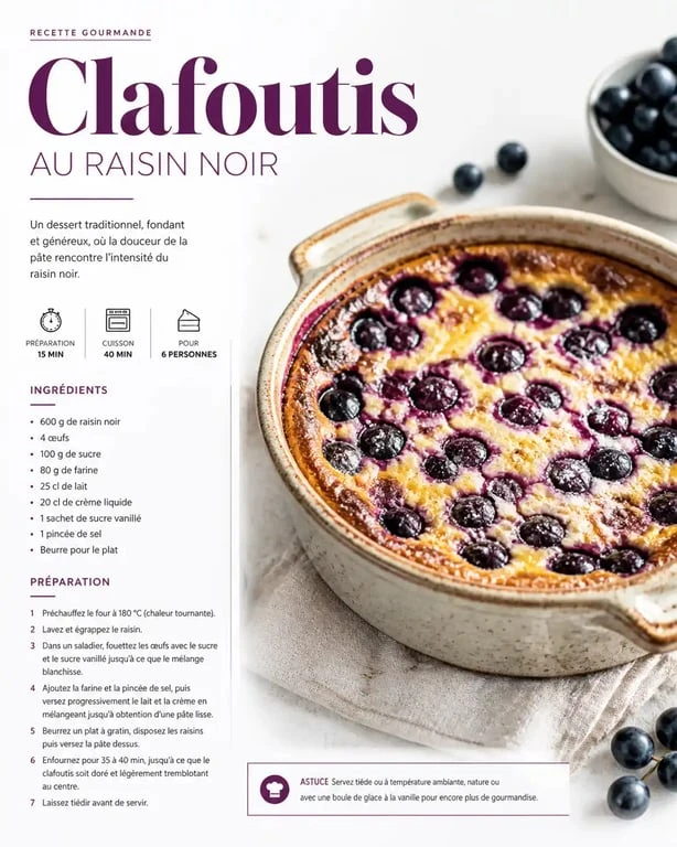 Clafoutis fondant au raisin noir et amandes, une recette au raisin gourmande et facile à réaliser.