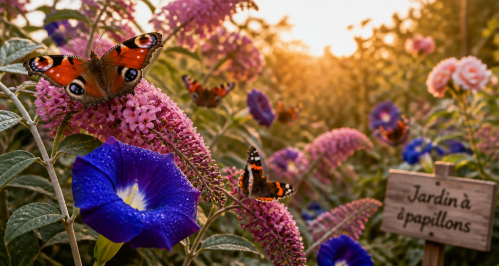 Fleur papillon bleue et papillons sur fleurs