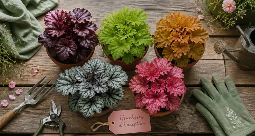 les plus belles heuchères en pots sur une table de jardin