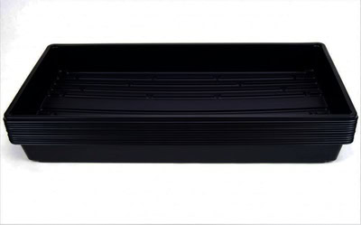 Black plastic tray for food presentation and storage.
