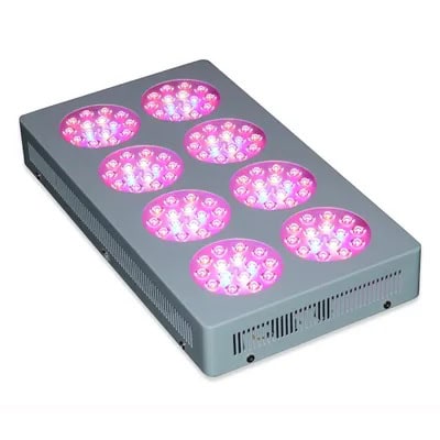 LED grow light panel with pink and white spectrum for indoor plant growth.