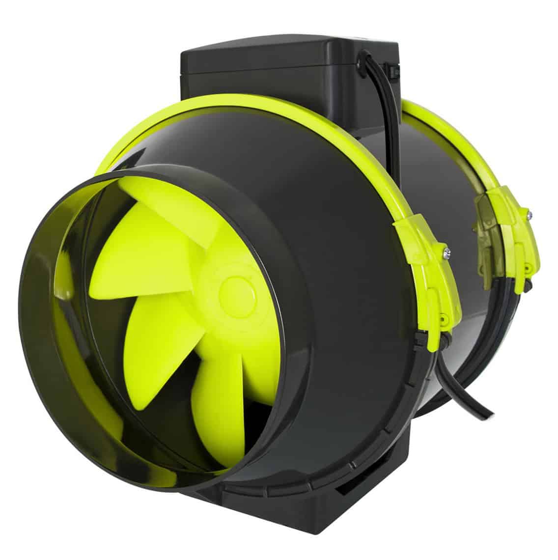 Industrial fan with safety headphones, high-visibility yellow and black design.