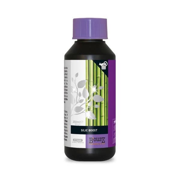 Silic Boost supplement bottle with bamboo and leaf design, 250ml, for skin and hair health.