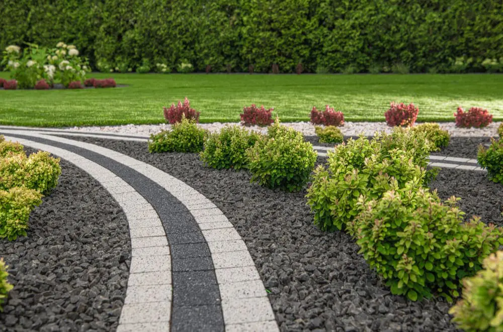 A well-maintained garden path with a curved design made of alternating black and white concrete pavers. The path is bordered by dark gray decorative gravel on both sides. Along the gravel beds are evenly spaced green shrubs with rounded, bushy forms. In the background, there is a manicured green lawn with a tall, dense hedge creating a natural privacy screen. The hedge is perfectly trimmed and shows no gaps. Small red flowering plants are visible in the background, partially obscured by the hedge. The lawn is bright green and freshly cut, creating a striking contrast against the darker gravel. The image is shot in natural daylight, creating clear definition of all garden elements. The curved path leads the eye through the garden space, with the hedge serving as a natural focal point in the distance.