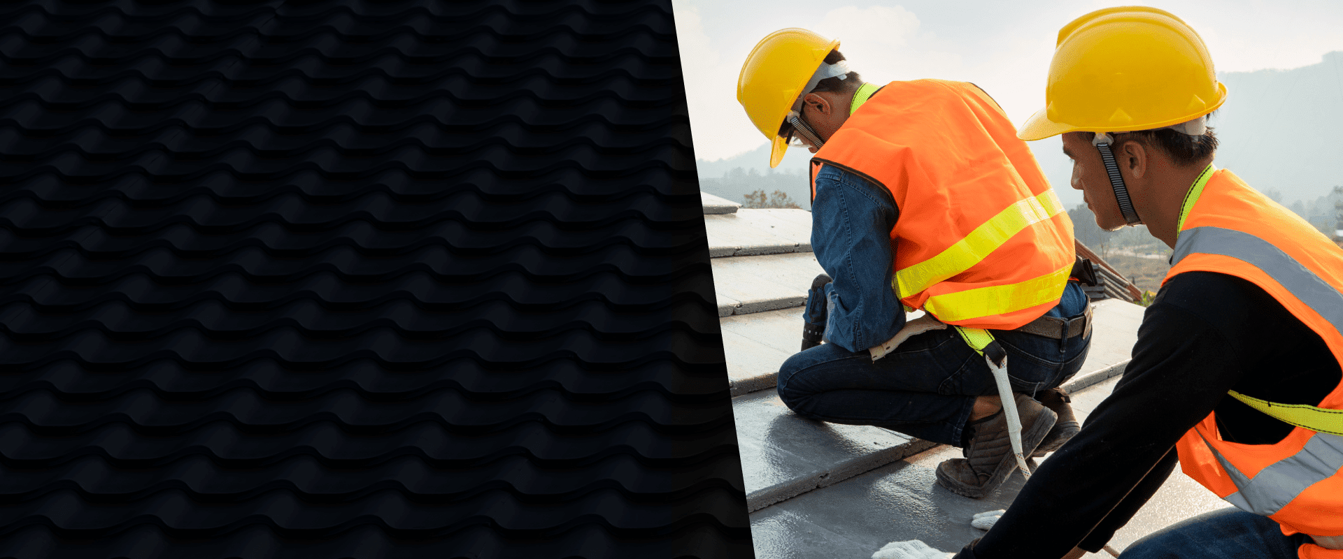 Two roofers in yellow hard hats and orange safety vests working on a roof.