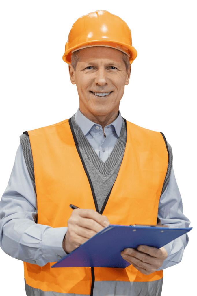 Smiling man in orange hard hat and safety vest holding a clipboard.