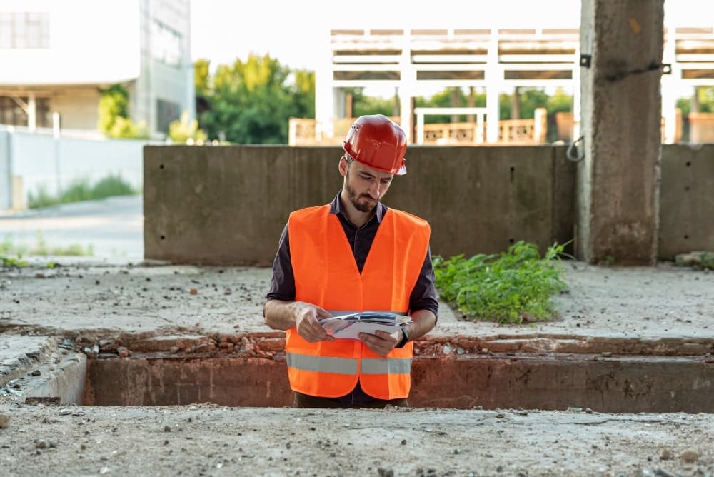 Man in orange safety vest and red hard hat looking at documents.