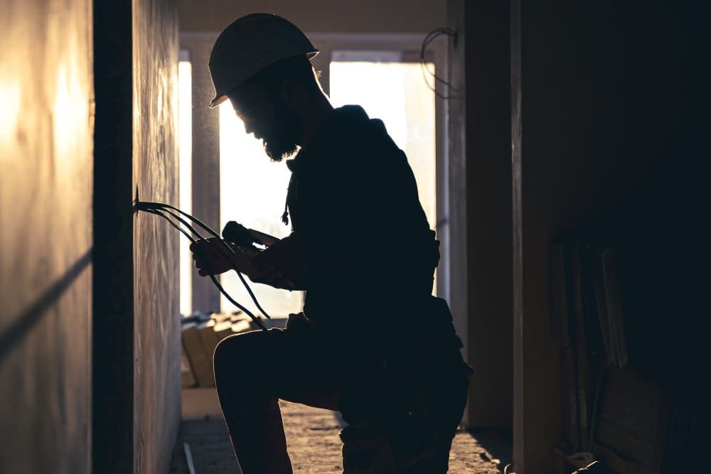 Silhouette of a person in a hard hat working with electrical wires.
