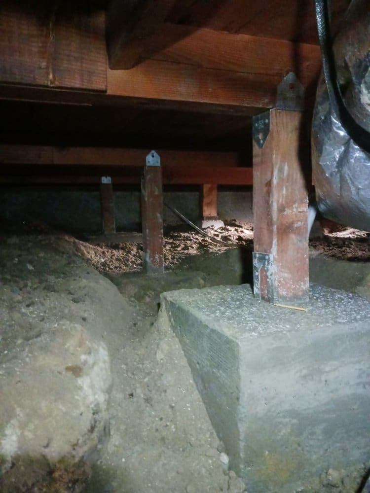 Crawl space with wooden support beams, concrete foundation, and dirt floor.