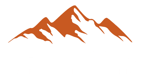 Stylized orange mountain peaks with a white base.