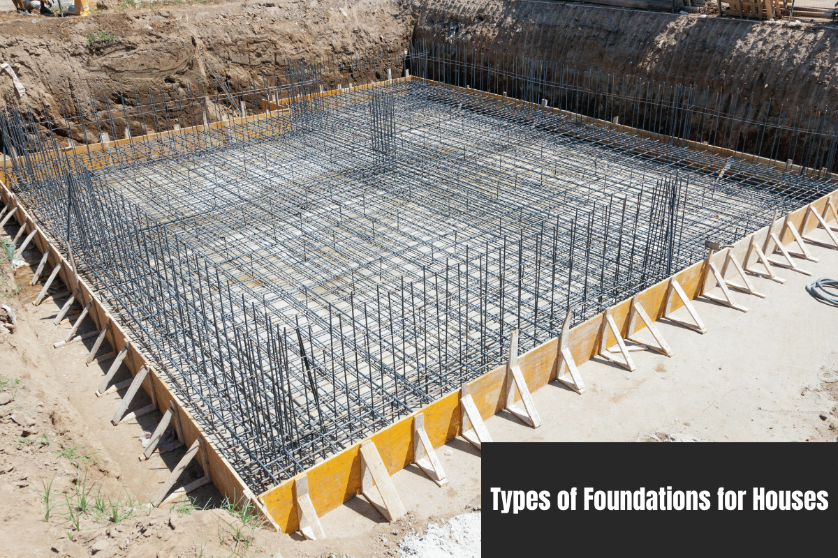 Construction site with a concrete foundation reinforced with rebar