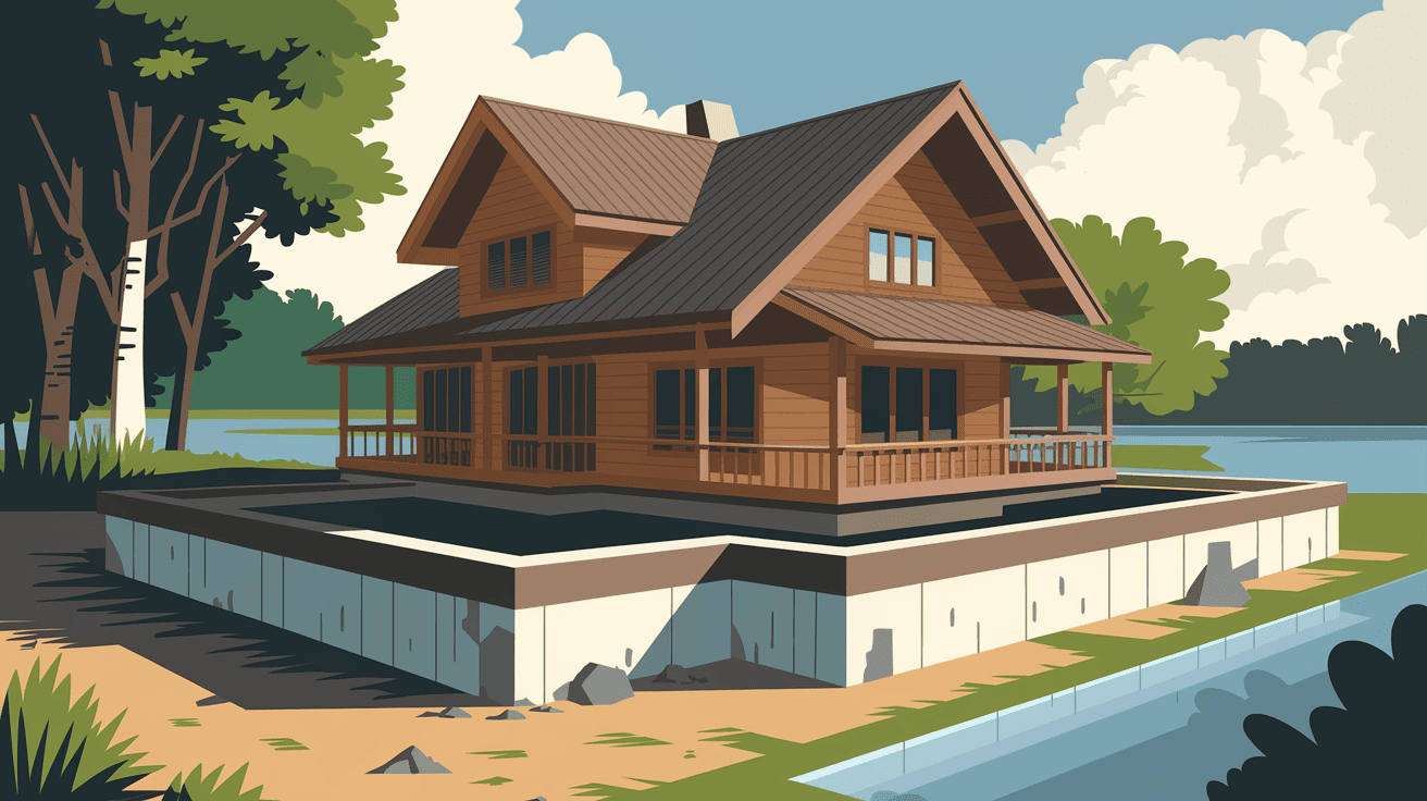 A wooden house with a porch on a concrete foundation near water