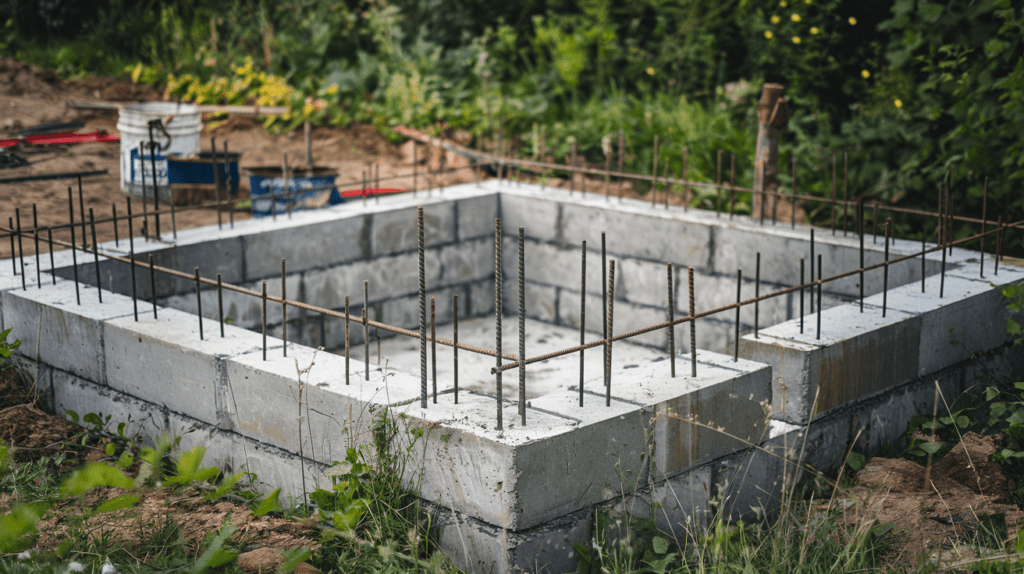 Concrete block foundation with rebar for a small structure.